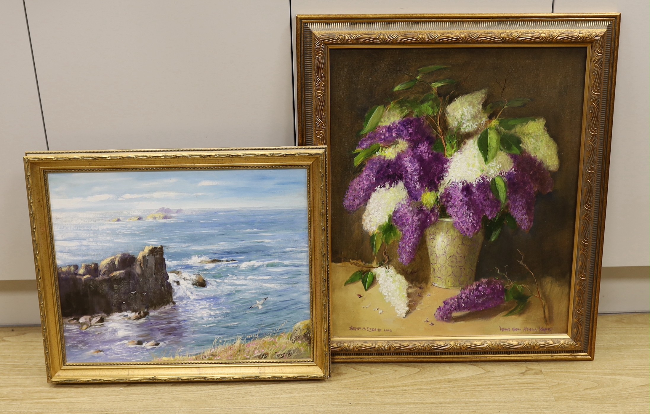 Daniel H. Cozens, oil on canvas, Still life of lilac blossom in a vase, signed and dated 2006, 60 x 50cm and an oil on board, Sea cliffs, signed, 40 x 50cm